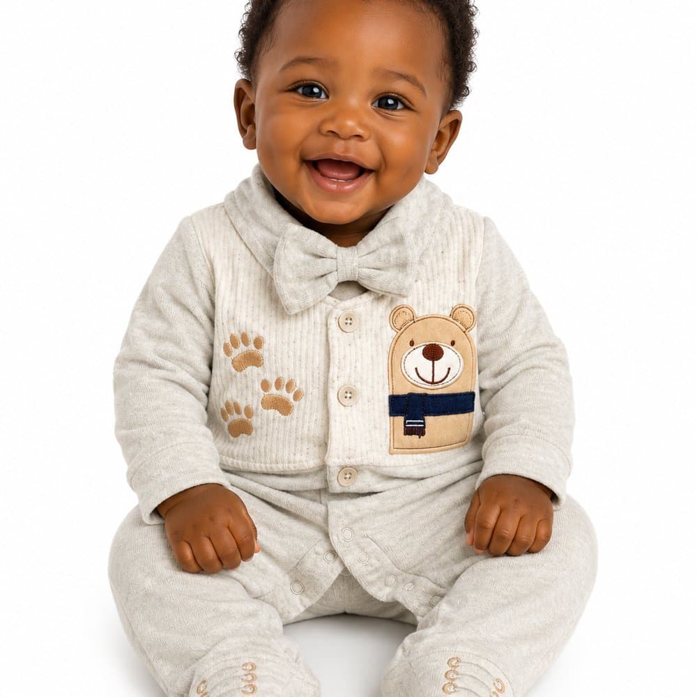 Macacão Bebê Menino Luxo Ursinho em Plush Mescla com Gravata Borboleta - M.Baby