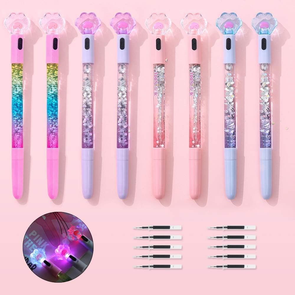 8 Canetas Fofas Kawaii, Caneta Divertida, Caneta Esferográfica Brilhante e Luminosa com Formato de Pata de Gato de 0,5mm