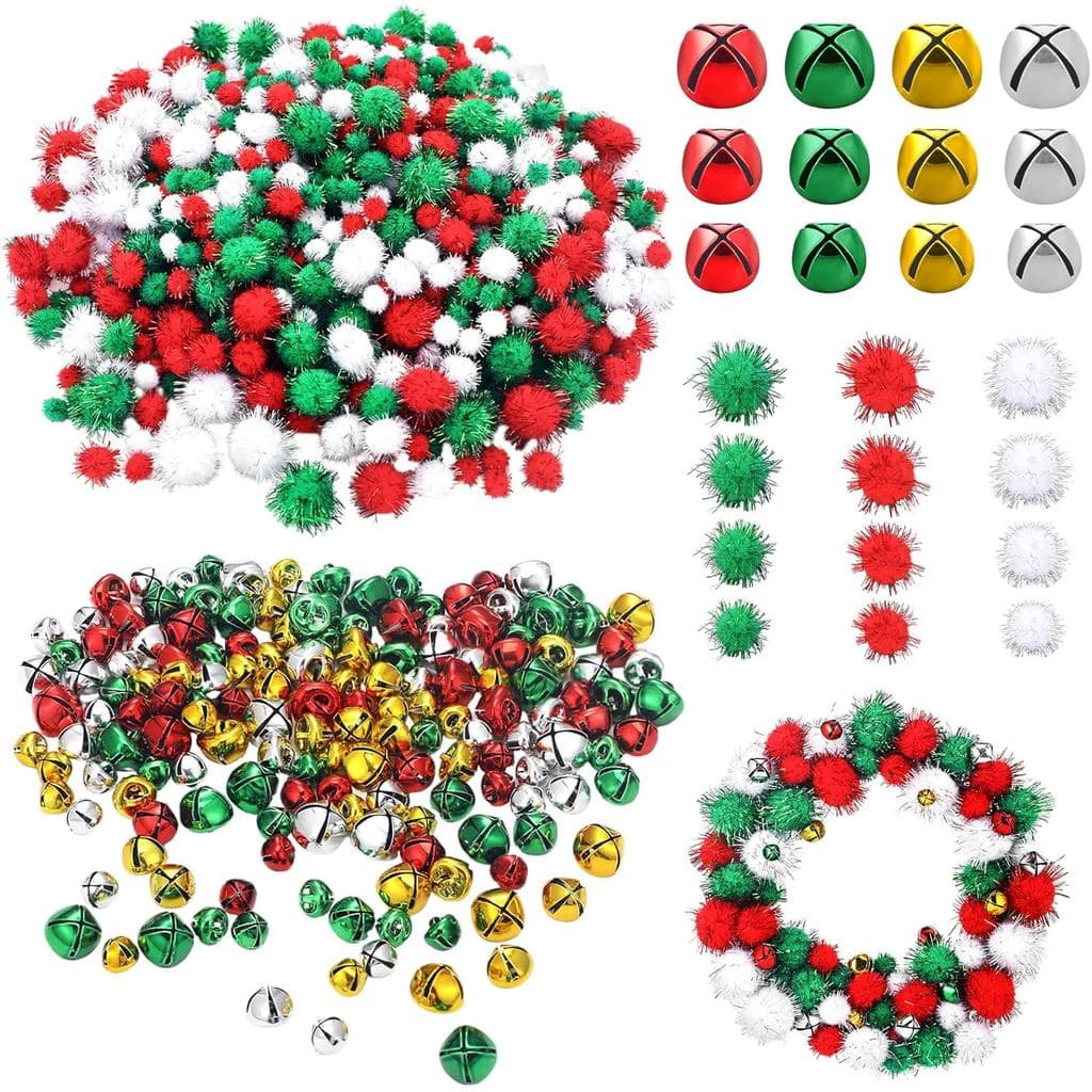 Kits de Artesanato de Natal AceOrbit 900 Peças de Pompons de Natal e 200 Peças de Sinos para Artesanato DIY Bolas Brilha