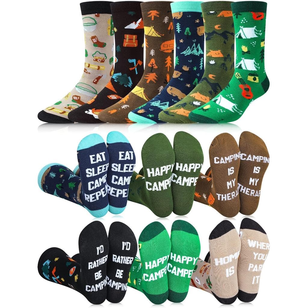 Eurzom 6 Pares de Meias Divertidas para Camping Masculinas, Meias Casuais de Cano Médio para Camping, Presente de Aniver