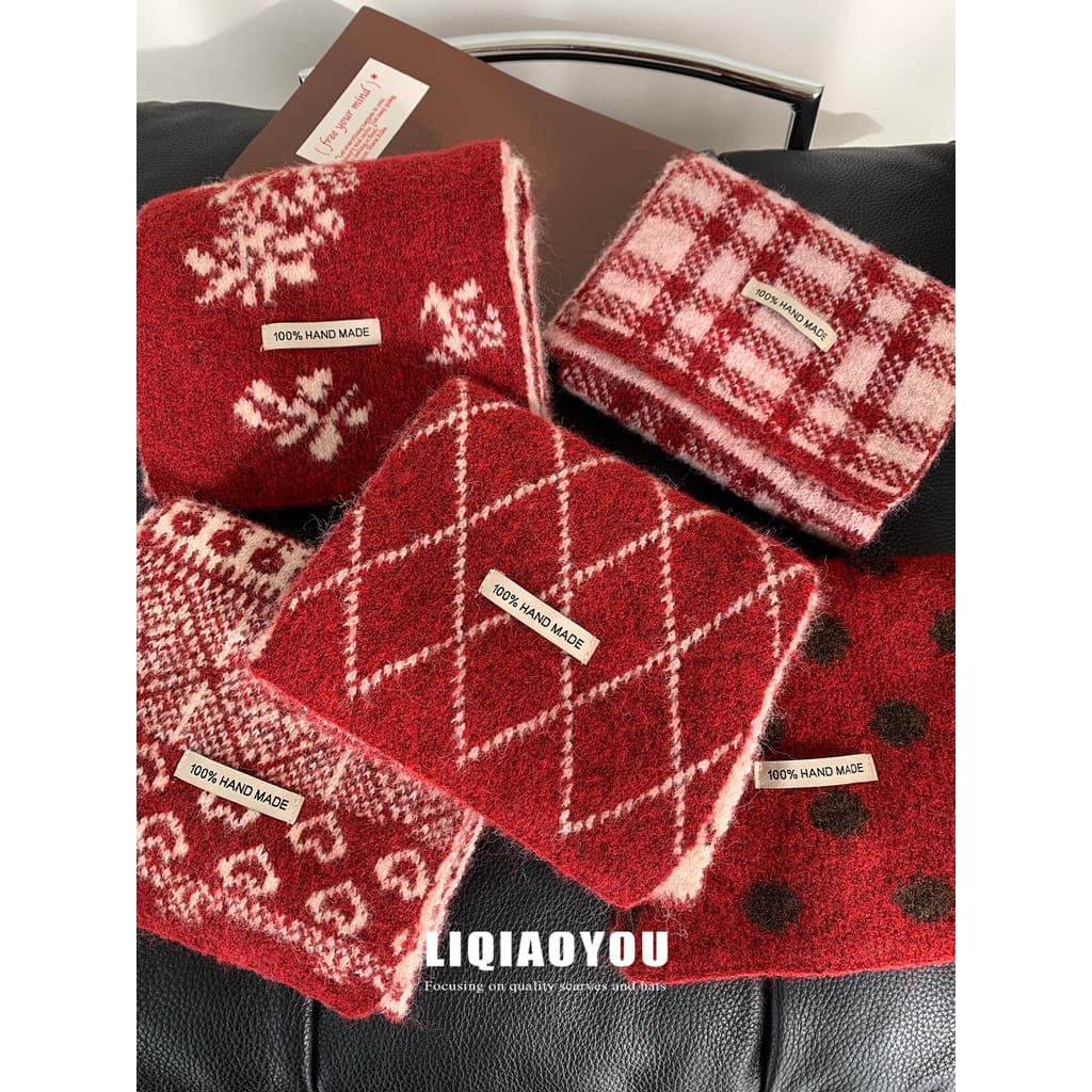 Li Qiaoyou Natal Ano Novo Vermelho Limitado/Retro Jacquard Dupla Face Pequeno Cachecol Feminino Outono Inverno Quente Cr