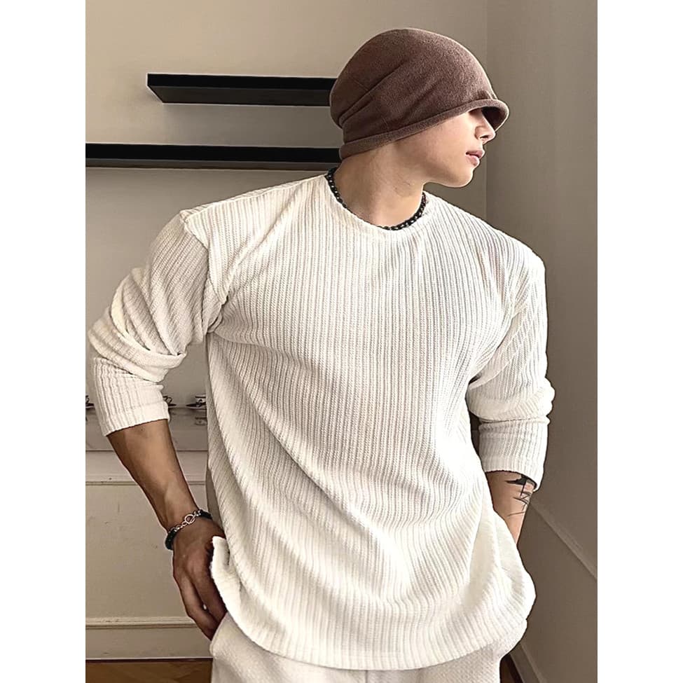 American Waffle Jacquard Moletom De Malha Masculino Textura Plissada Slim-fit Camiseta De Manga Comprida Fitness Trai