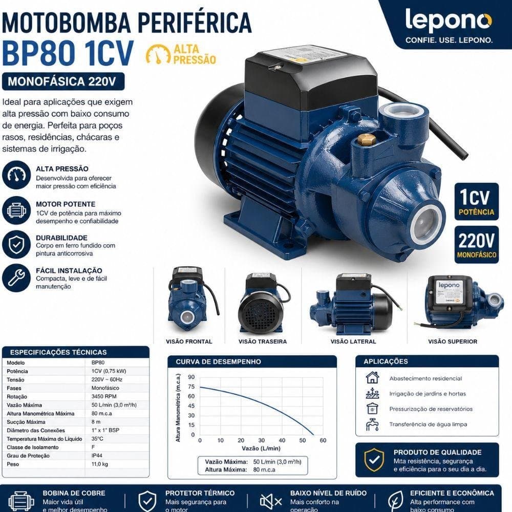 Motobomba Periférica BP80 1CV Monofásica 220V Lepono