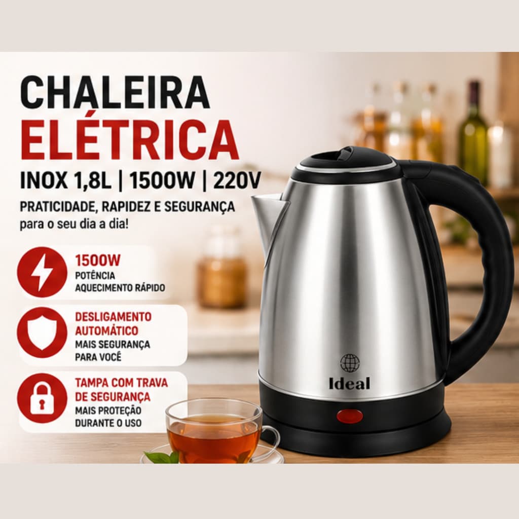 Chaleira Elétrica Inox 1,8L 1500W 220V Desligamento Automático