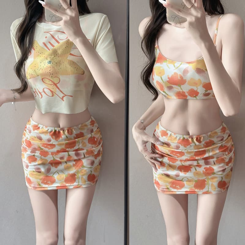 Menina quente maiô feminino conjunto de quatro peças primavera quente blusa dividida seios pequenos reunidos beira-mar p