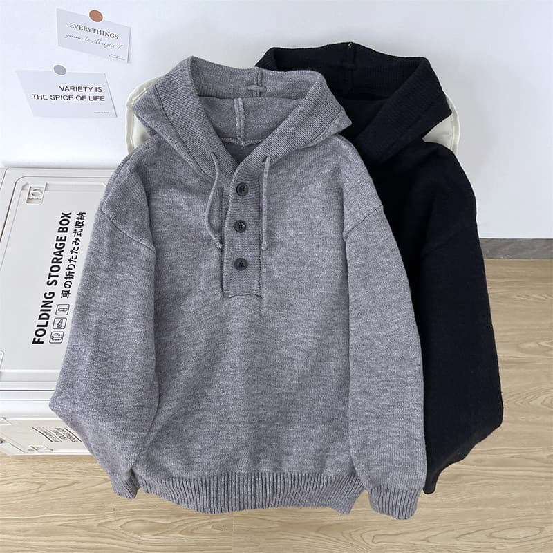 Cor sólida botão meio Cardigan com capuz camisola meninos outono inverno cleanfit americano solto malha Swe