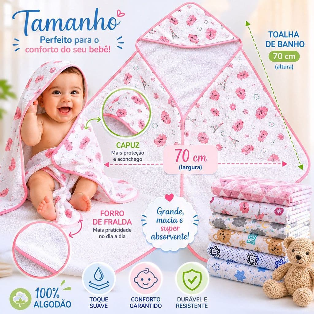 Toalha de Banho Bebê com Capuz e Forro de Fralda 70x70cm 100% Algodão