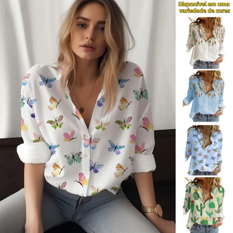 Blusa Camisa Feminina Plus Size Manga Comprida Linho Algodão Solta Elegante Social QUALY
