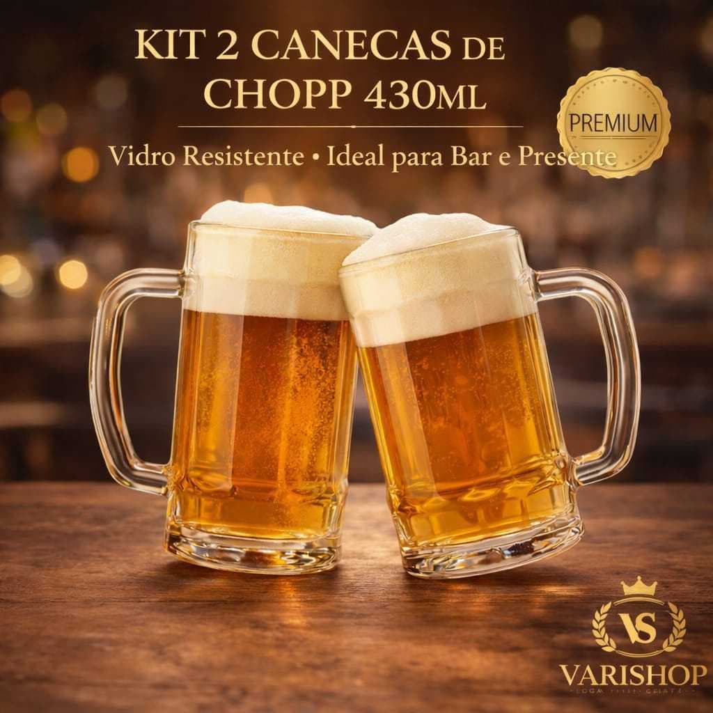 Kit 2 Canecas de Chopp 430ml em Vidro Resistente | Cerveja Gelada | Ideal para Bar, Casa e Presente