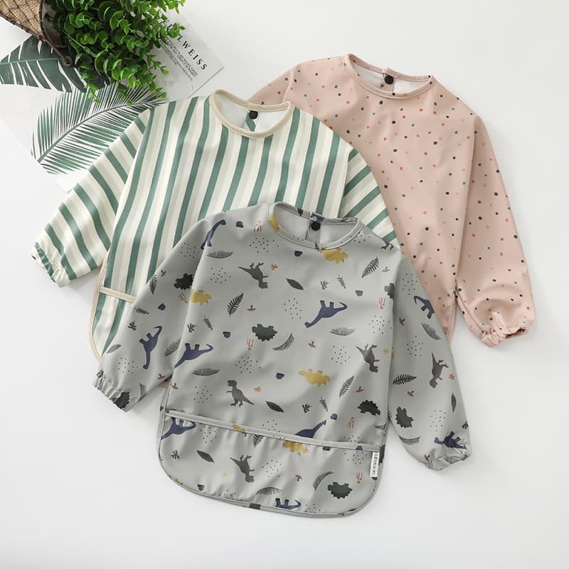 Ins estilo pu infantil à prova d'água, babador reverso para comer bebê, macacão com mangas, bolso Anti-sujo para arroz