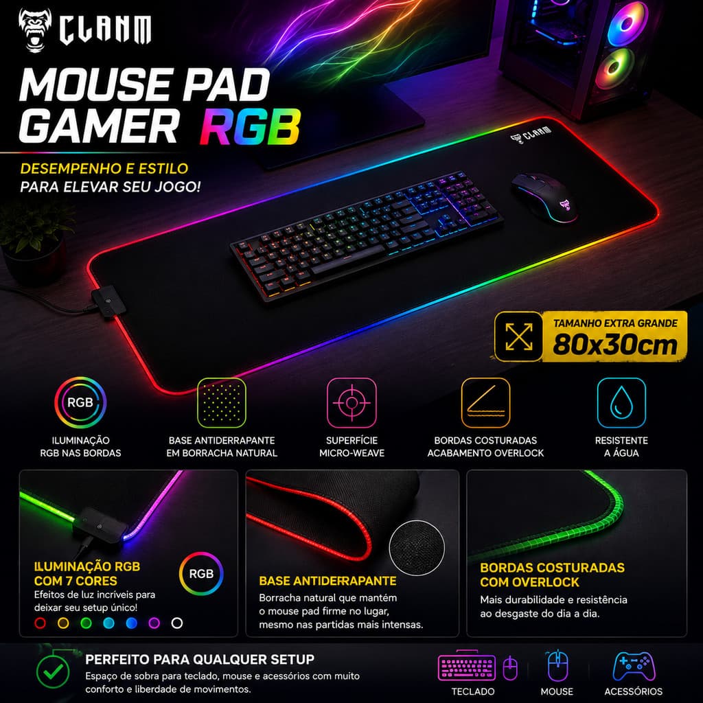 Mousepad Gamer Led RGB Extra Grande Control 80x30 Pc Notebook Base Antiderrapante Costura Overlock