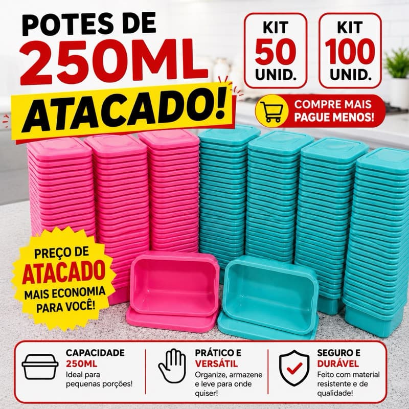 Kit 50 ou 100 Potes 250ml Com Tampa | Mini Pote | Molde de Sabão | Temperos | Molhos | Porções