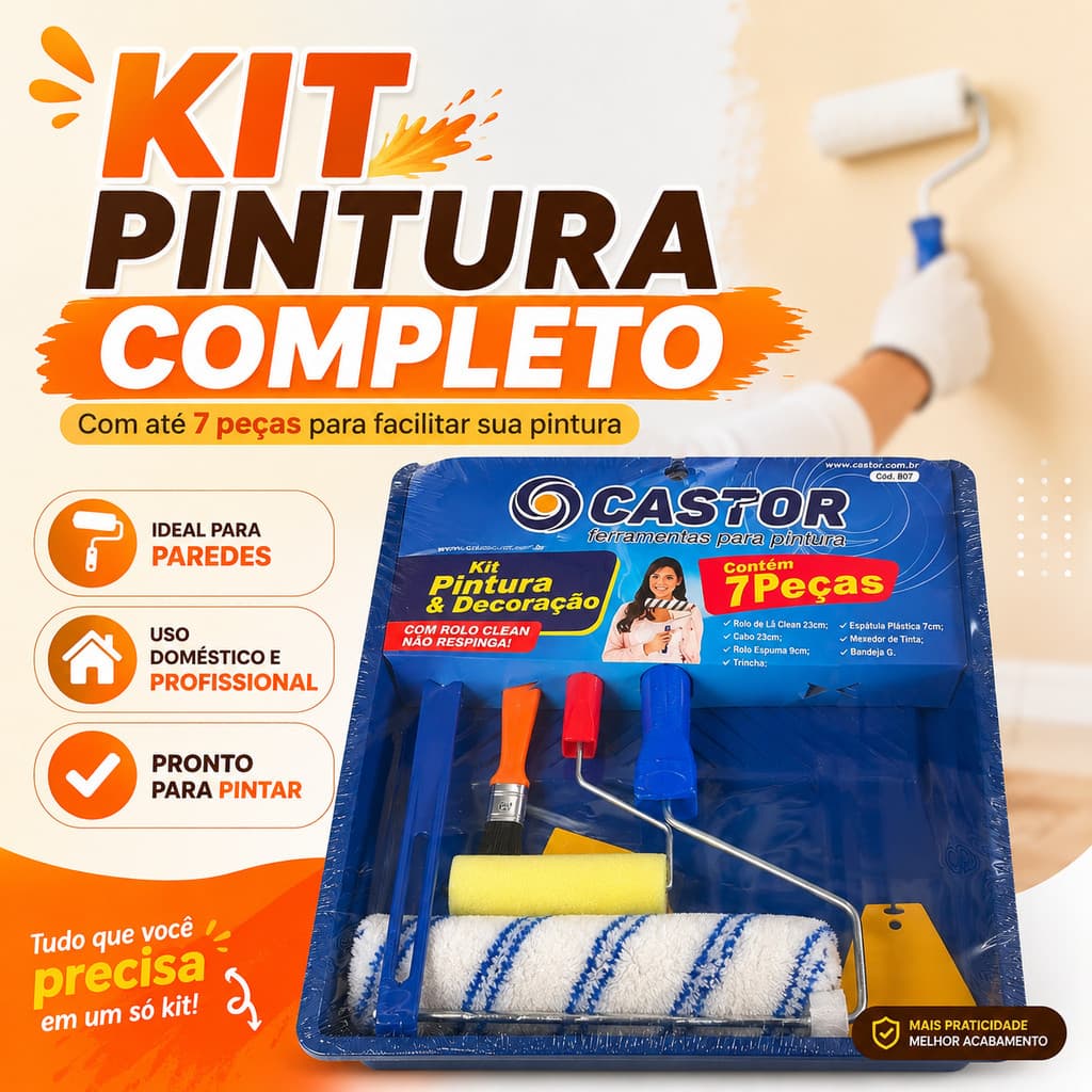 Kit Pintura Parede 7 peças Bandeja G + Rolo 23cm + Rolo 9cm + Espátula + Cabo + Trincha + Trincha