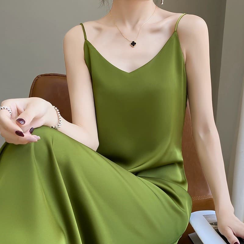 Três acetato de seda estilingue vestido feminino verão solto interior saia longa Design francês sentir fada cetim All-Ma