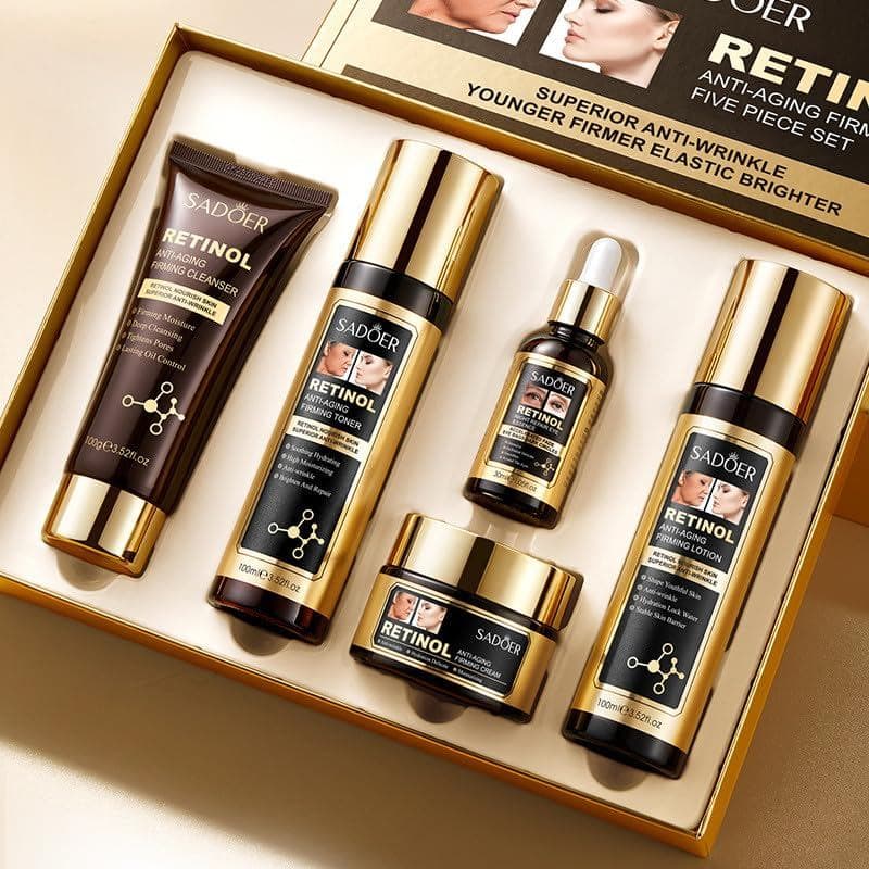 Conjunto de Cuidados com a Pele QueenLine de 5 Peças com Retinol: Tônico Facial, Creme Essência, Loção Facial, Essência
