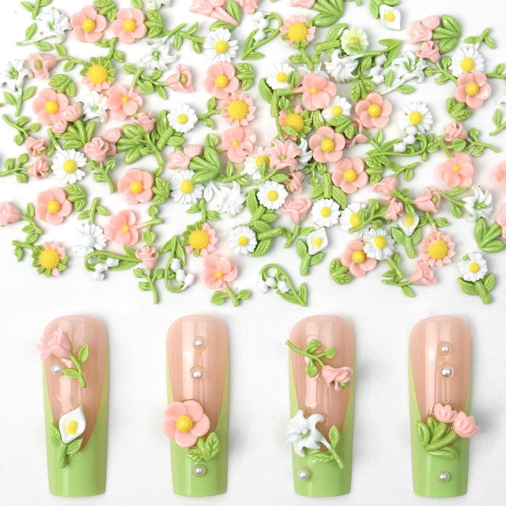 100 Peças Amuletos De Unhas De Flor Rosa , Verde E Branca-Strass Para Arte Em-Resina Plástico-Pequeno-Perfeito Casamento