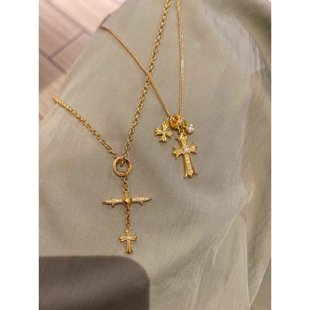 colar colar aço inoxidável Colar de cruz de empilhamento dourado dupla camada cruz diamante brilhante não-colisão luz