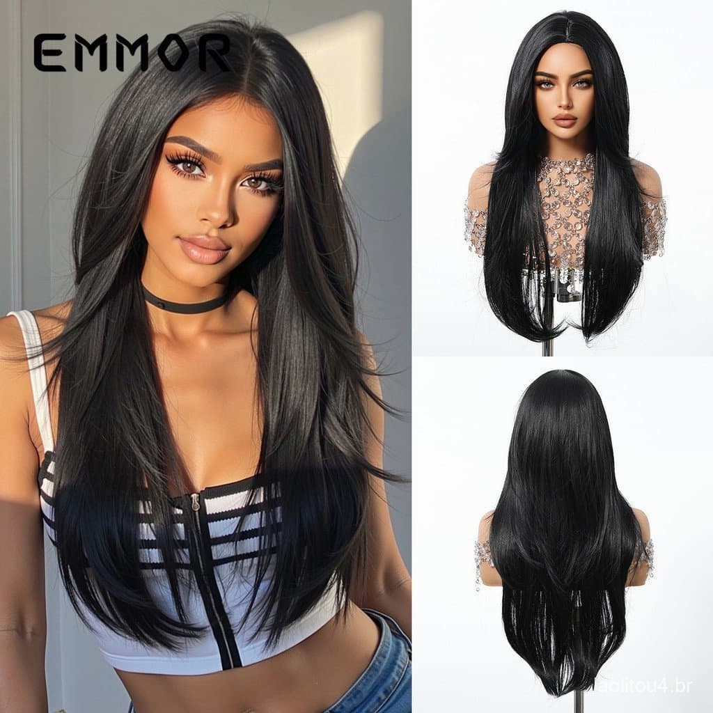 Peruca feminina, cabelo liso preto de comprimento médio, elegante, requintado, formato de rosto modificado, estilo faixa