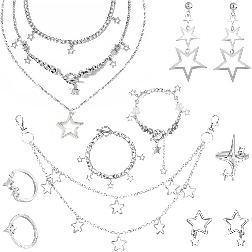 Colar Estrela Prateada, Conjunto de Joias Y2K para Mulheres, Cinto de Correntes Empilhadas, Pulseira, Brincos, Anéis Vin