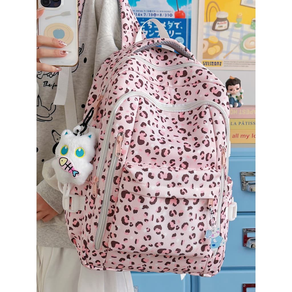 Doce legal rosa leopardo impressão mochila feminina versão coreana estilo Harajuku estudantes do ensino médio All-match