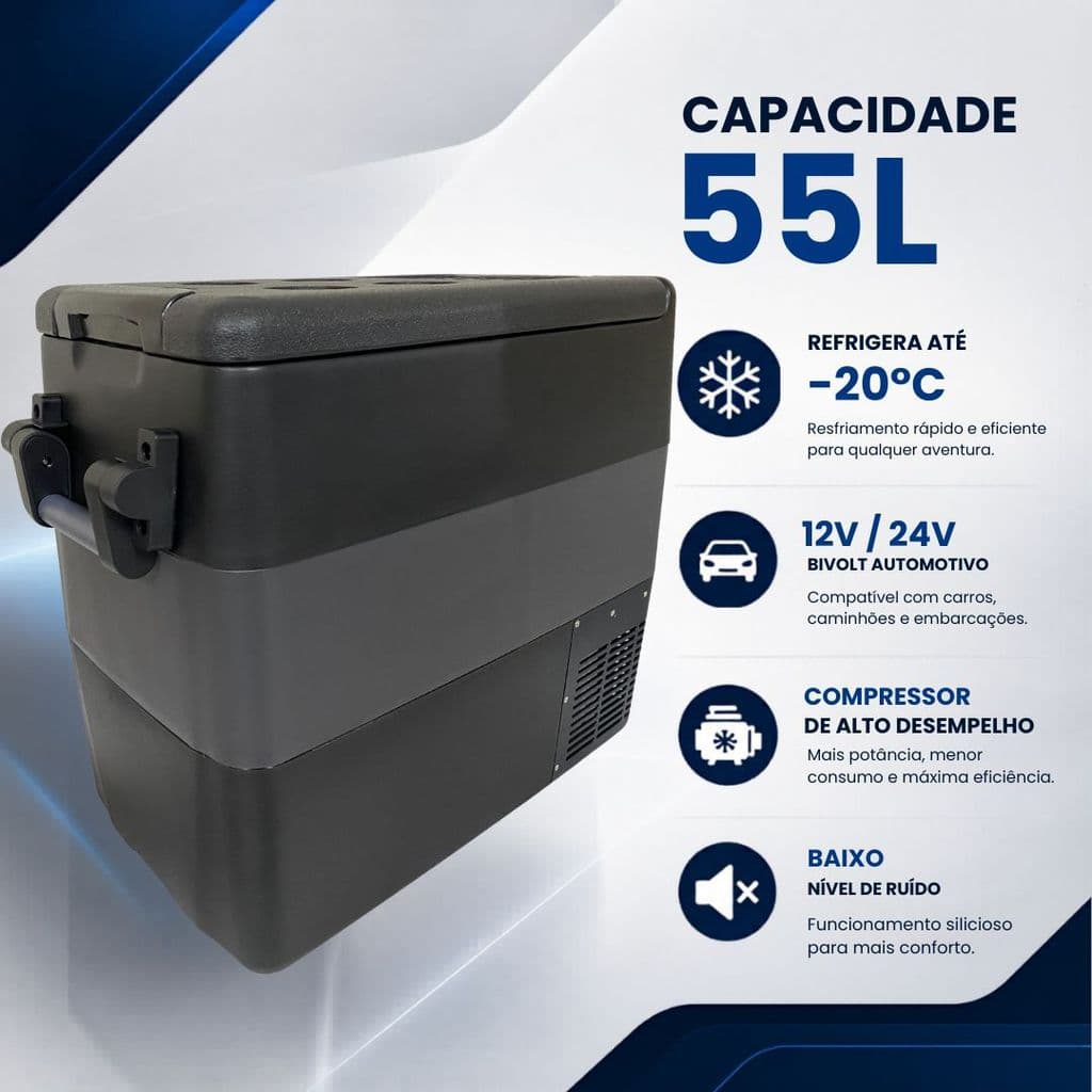 Mini Geladeira Portátil 55 Litros 12V/24V 110v/220v Caminhão Ônibus Van Camping Barco Lancha Pesca
