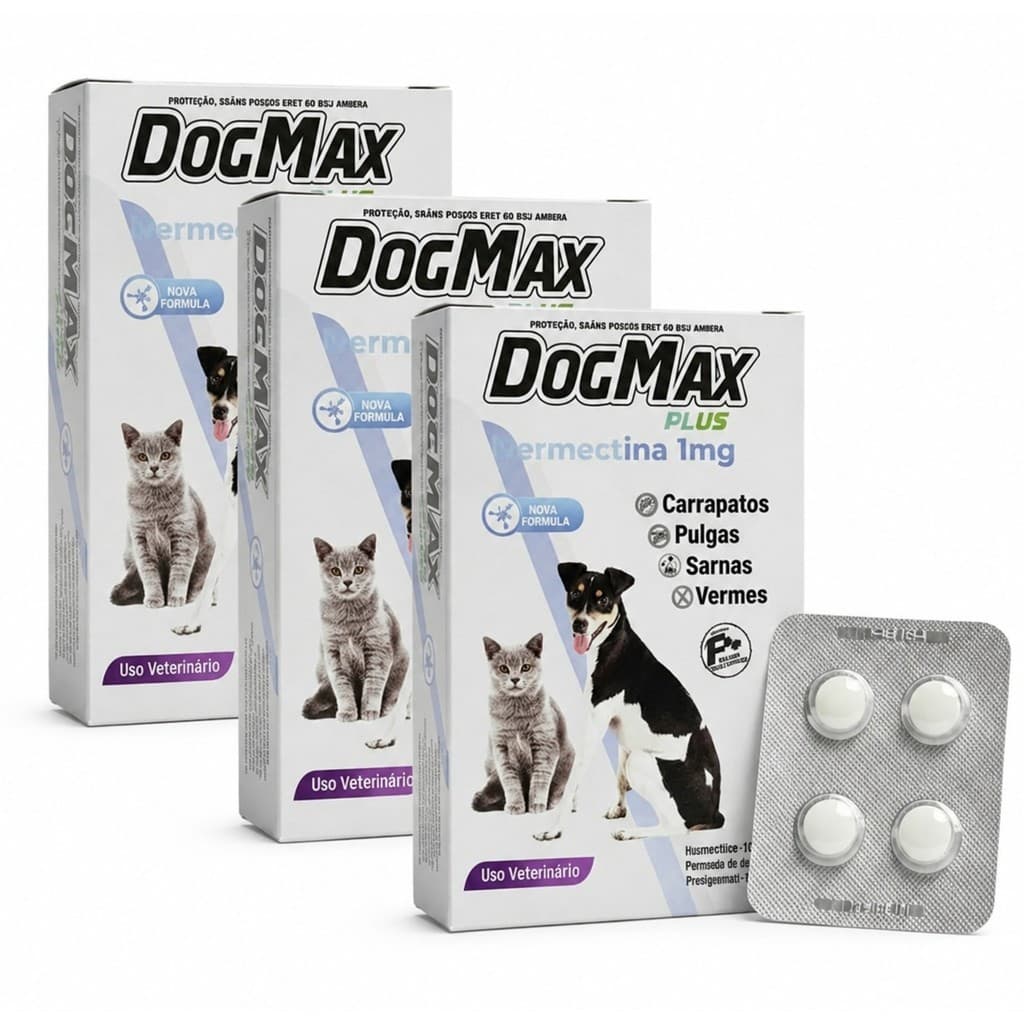 DogMax Plus Cães e Gatos - Ação 4 em 1 - Remédio Para Pulgas, Carrapatos, Vermes e Sarna 12 Comp 5kg