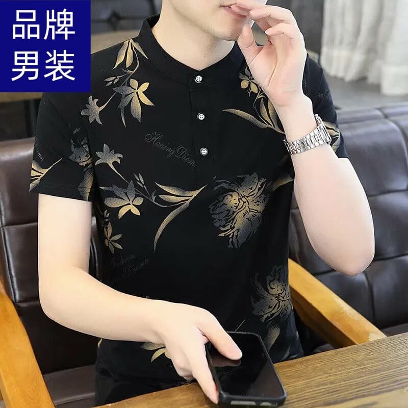 Marca verão novo estilo masculino de manga curta camiseta moda Casual impresso gola alta meia manga topo All-Match magro