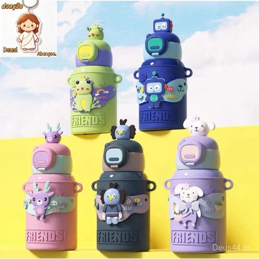 Garrafa Térmica Infantil Escolar Temática Com Alça e Bico de Silicone 450ml Personagens Divertida（Dar chaveiro）