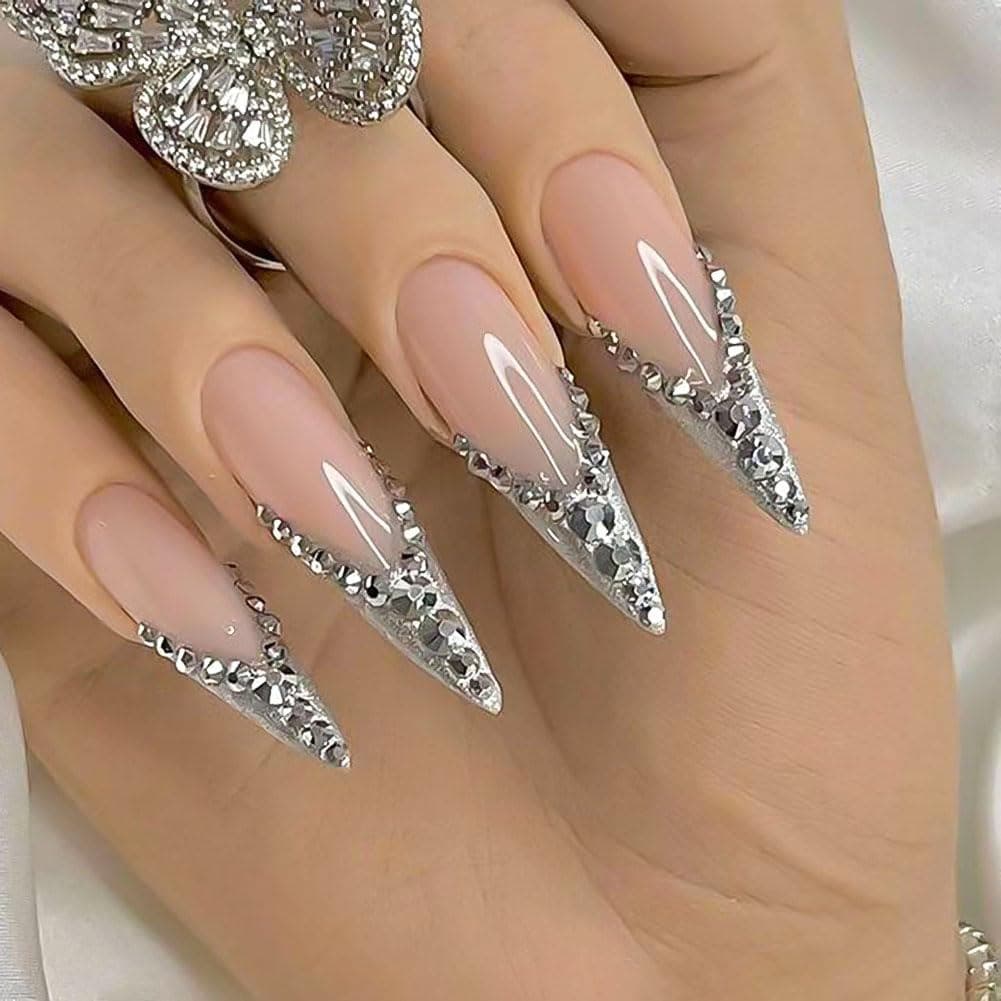 24 Peças De Unhas Falsas Brilhantes De Cor Pura Strass Nude Glitter Luxo Longo Estilete Amêndoa Prensa Nas Pontas Manicu