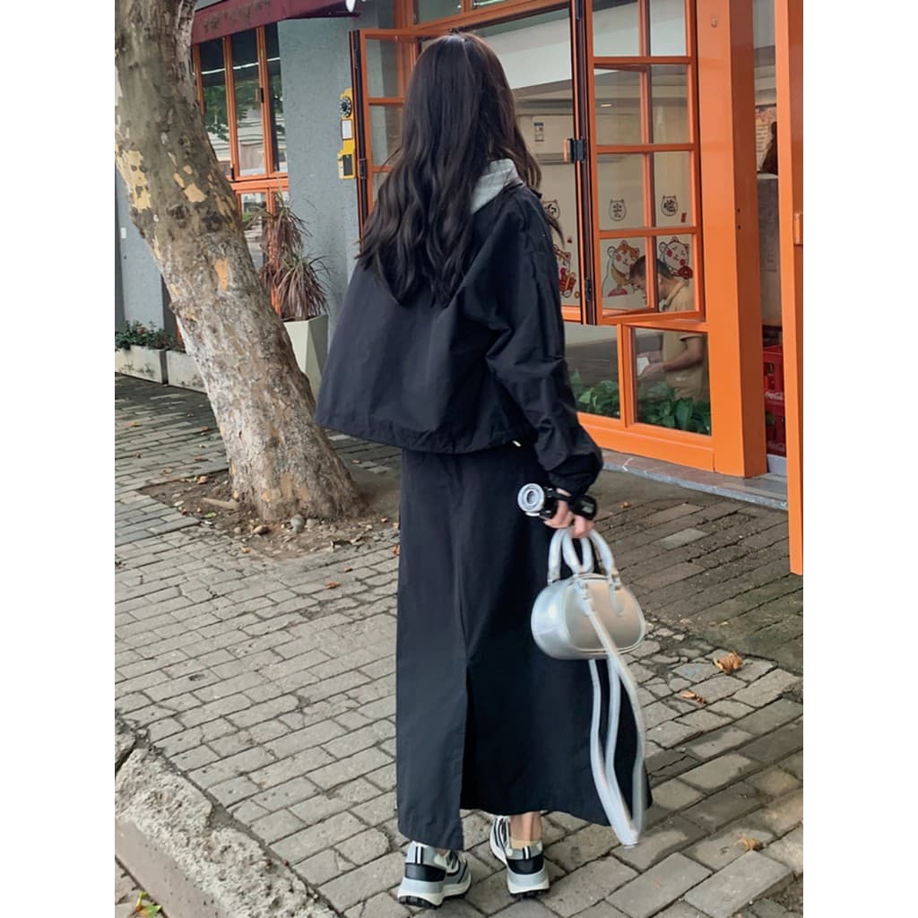 Preto Workwear Casual terno saia feminina primavera outono estilo Hong Kong Retro chique solto jaqueta tornozelo comprim