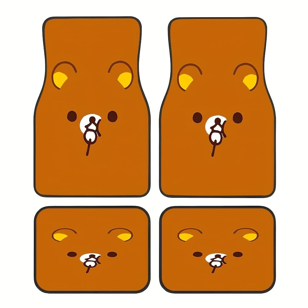 4 peças, tapetes de carro com padrão estilo urso marrom com bolas fofas, tapetes antiderrapantes universais, fáceis de l
