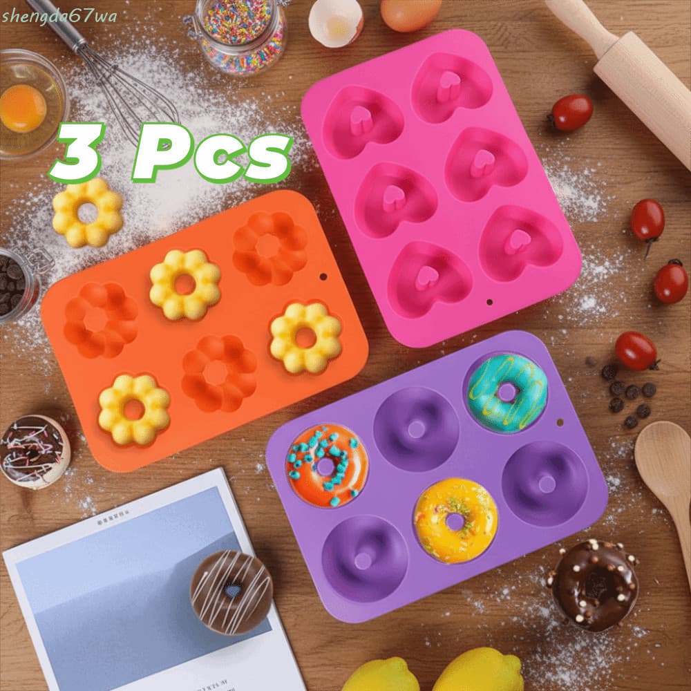 SHENGDA 3 Pcs Assadeira De Rosquinha De 6 Cavidades , Molde Antiaderente De Silicone Pão Retangular Macio DIY