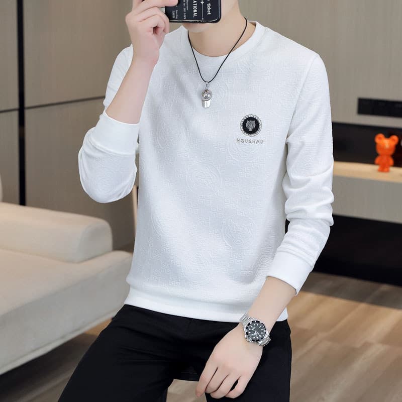 Moletom masculino primavera outono estilo na moda ins solto branco em torno do pescoço roupas de outono de manga comprid