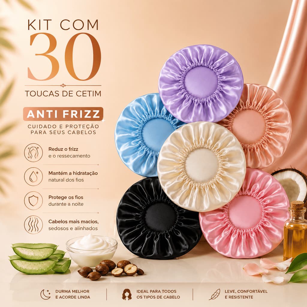 Kit 30 Toucas de Cetim Anti Frizz Atacado Revenda Protege Cachos Mantém Hidratação