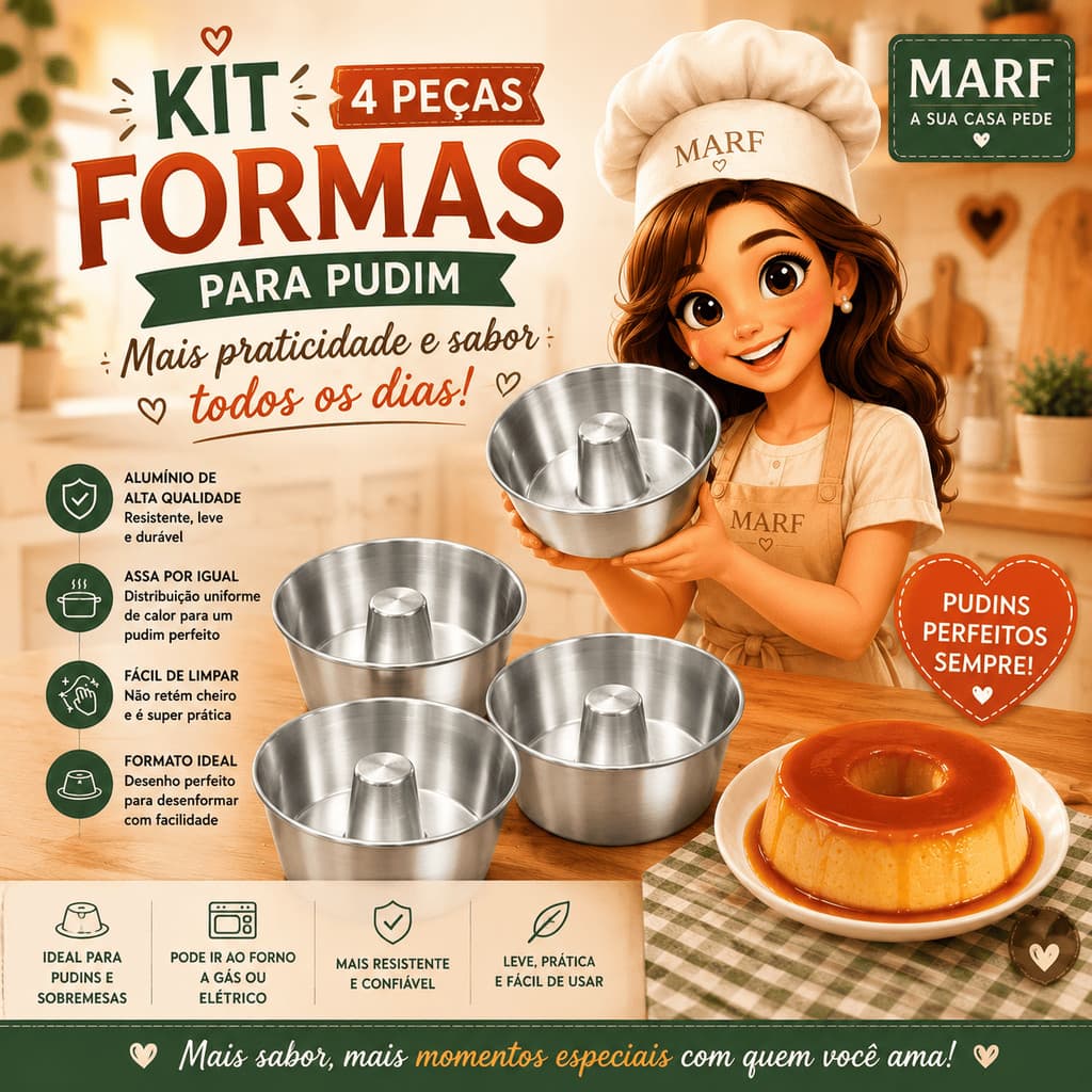 🍮Kit Econômico 4 Assadeiras de Alumínio Nº18 MARF para Pudim e Bolo Ideal para Forno Uso Doméstico e Profissional