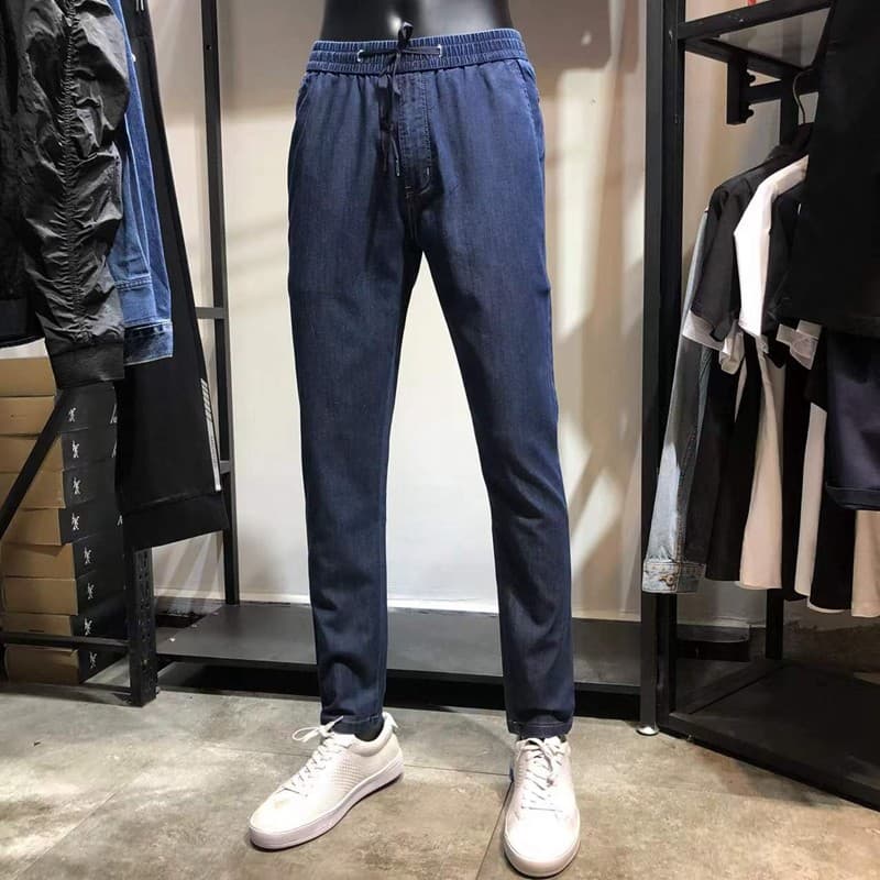 Marca masculina Shopping retirada gabinete verão fino estiramento malha Tencel cordão cintura elástica Jeans JJ calças c