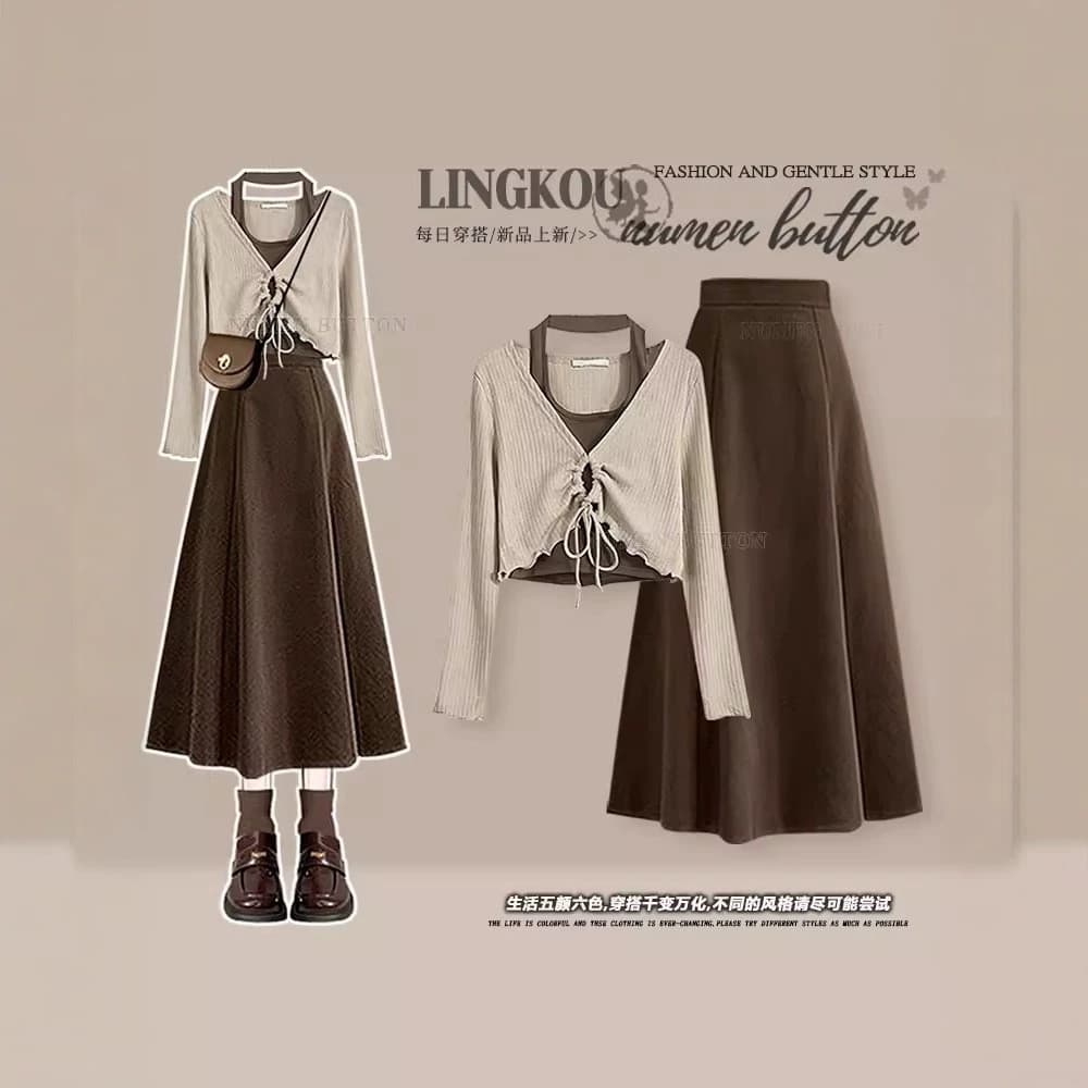 Primavera moda terno feminino estilo coreano redução de idade falso de duas peças Halterneck topo combinando Retro mais
