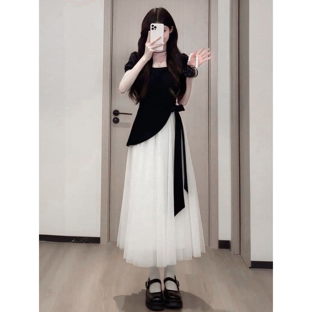 Estilo francês elegante estilo celebridade preto mais magro olhar amarrado de manga curta camiseta feminina verão saia d