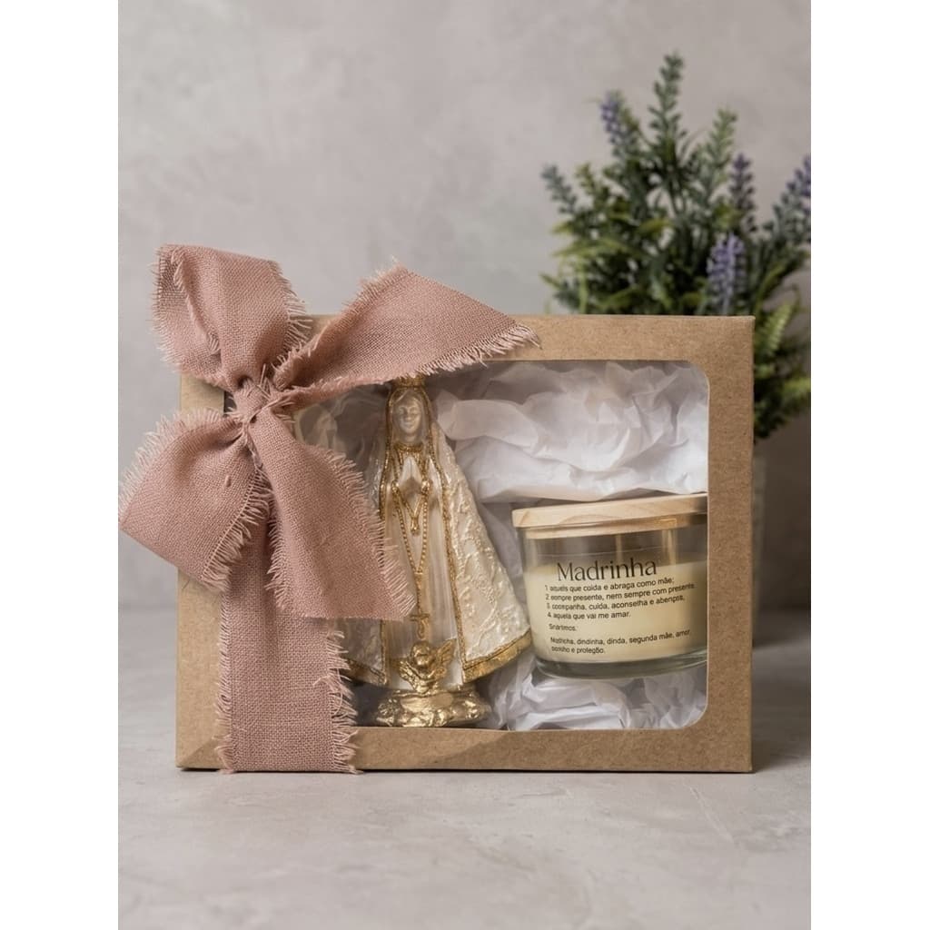 Kit Padrinhos Vela Aromática Imagem Nossa Senhora Aparecida Caixa kraft