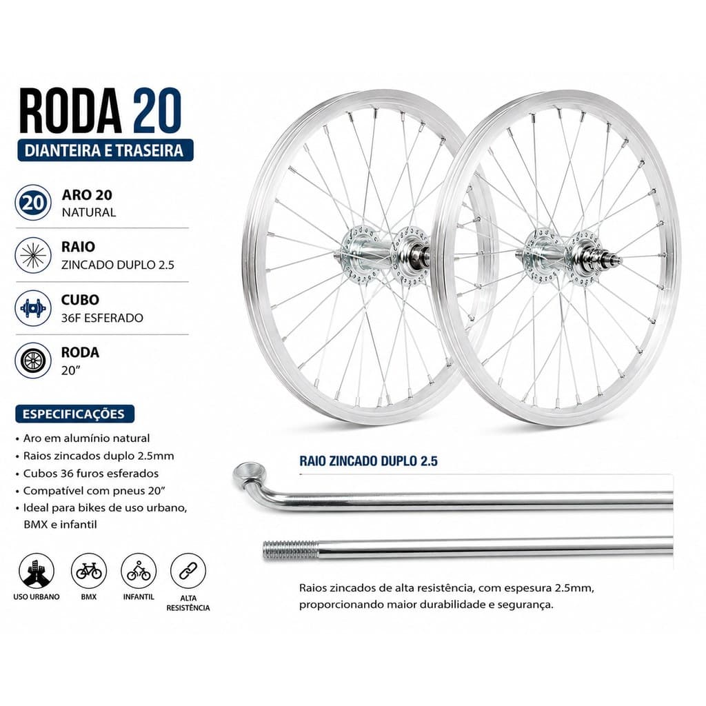 Roda Aro 20 Natural Polida Cubo Aço 36F Raio Fino Bicicleta Infantil MTB Urbana