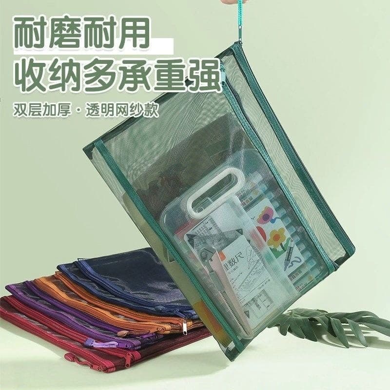 Saco de arquivo transparente transparente a4 saco de zíper de malha de camada dupla estudantes usam simples Retro cor pr