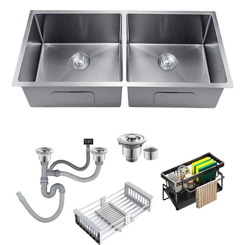 Cuba Pia Dupla Inox Quadrada Cozinha Gourmet 72x40cm com Acessórios