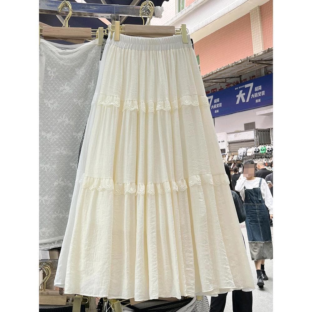 2026 primavera verão novo estilo Design francês sentir All-Match costura renda cintura elástica saia de bainha grande 28