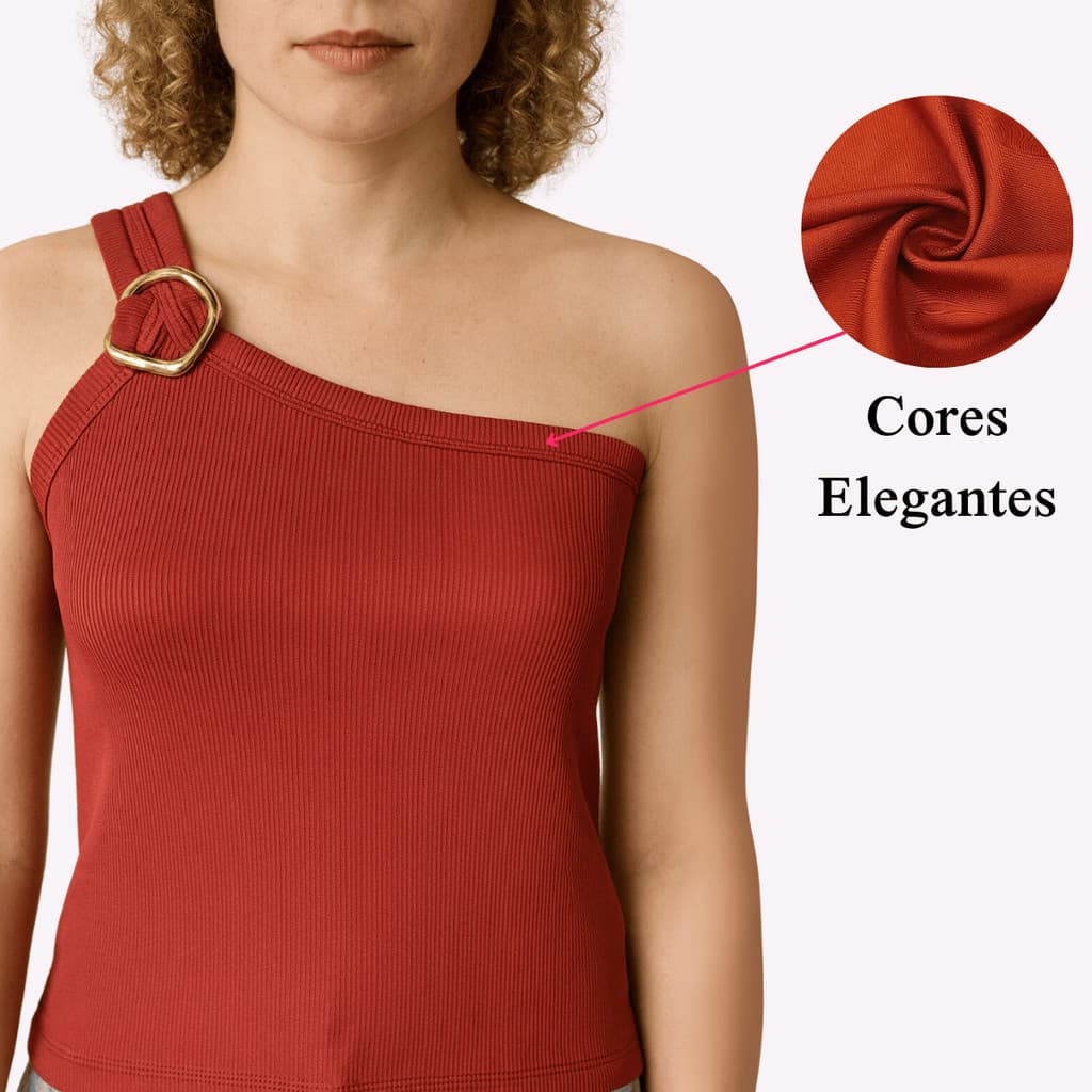 Blusa Feminina Ombro Único Canelada com Detalhe Dourado Moda.Point