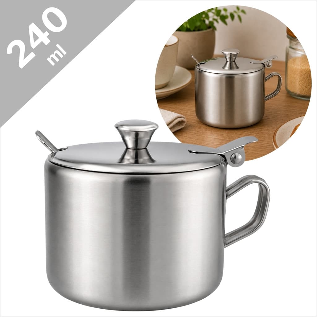 Açucareiro Em Aço Inox 240ml Com Colher Tampa e Alça Ideal Para Mesa Posta