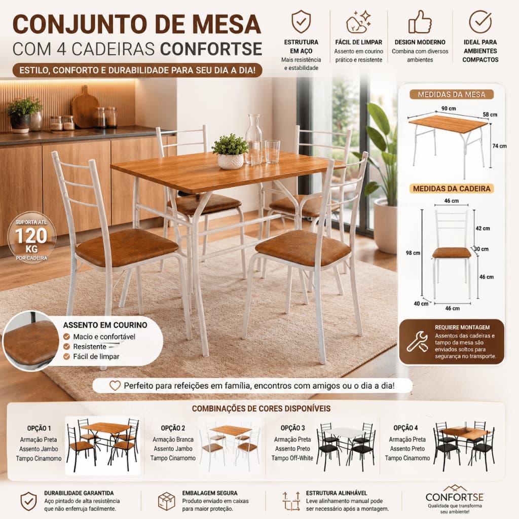 Mesa Para Sala de Jantar 4 lugares Confortse - 4 Cadeiras Tubulares