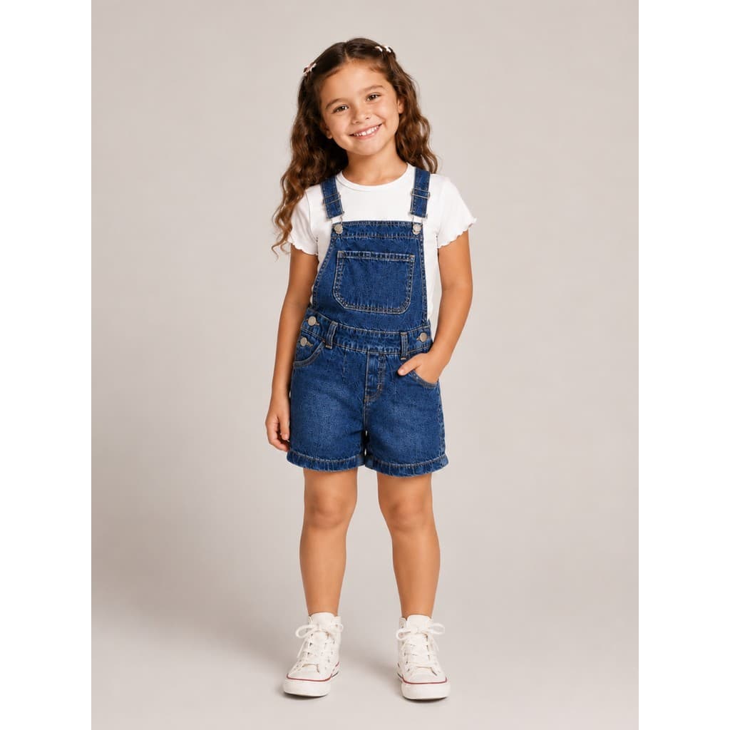 Jardineira Jeans Short Infanto Juvenil Menina Alça Ajustável Algodão Premium Bolsos Funcionais