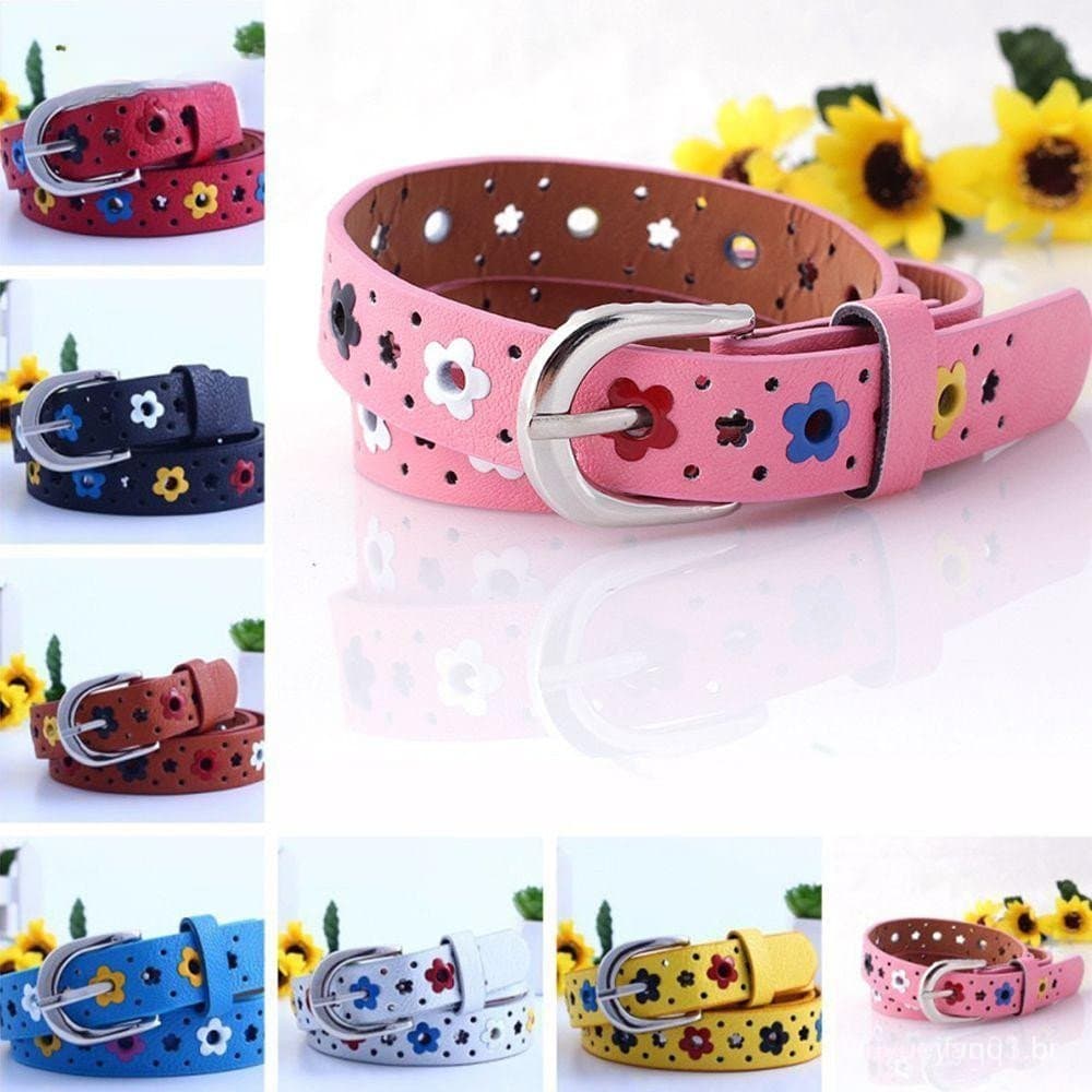 Cinto infantil de couro PU com padrão floral vazado, adequado para crianças/meninos.