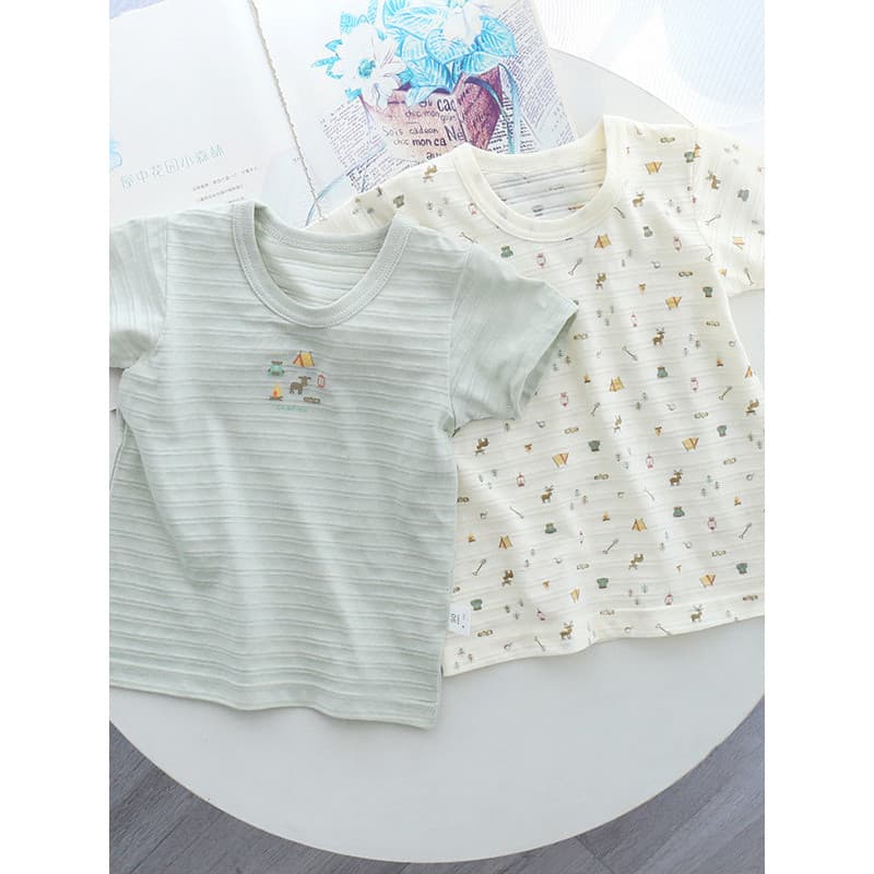 Comércio exterior japonês verão crianças fino manga curta topo Slub algodão respirável meninos meninas meia manga t @