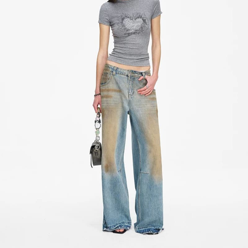 Europeu americano senhoras Jeans street Wear High street estilo americano estilo sujo Casual solto Hippie perna larga ca